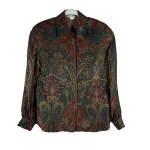 Vintage Carlisle 100% Silk Paisley Print Long Sleeve Button Blouse Womens Size 6